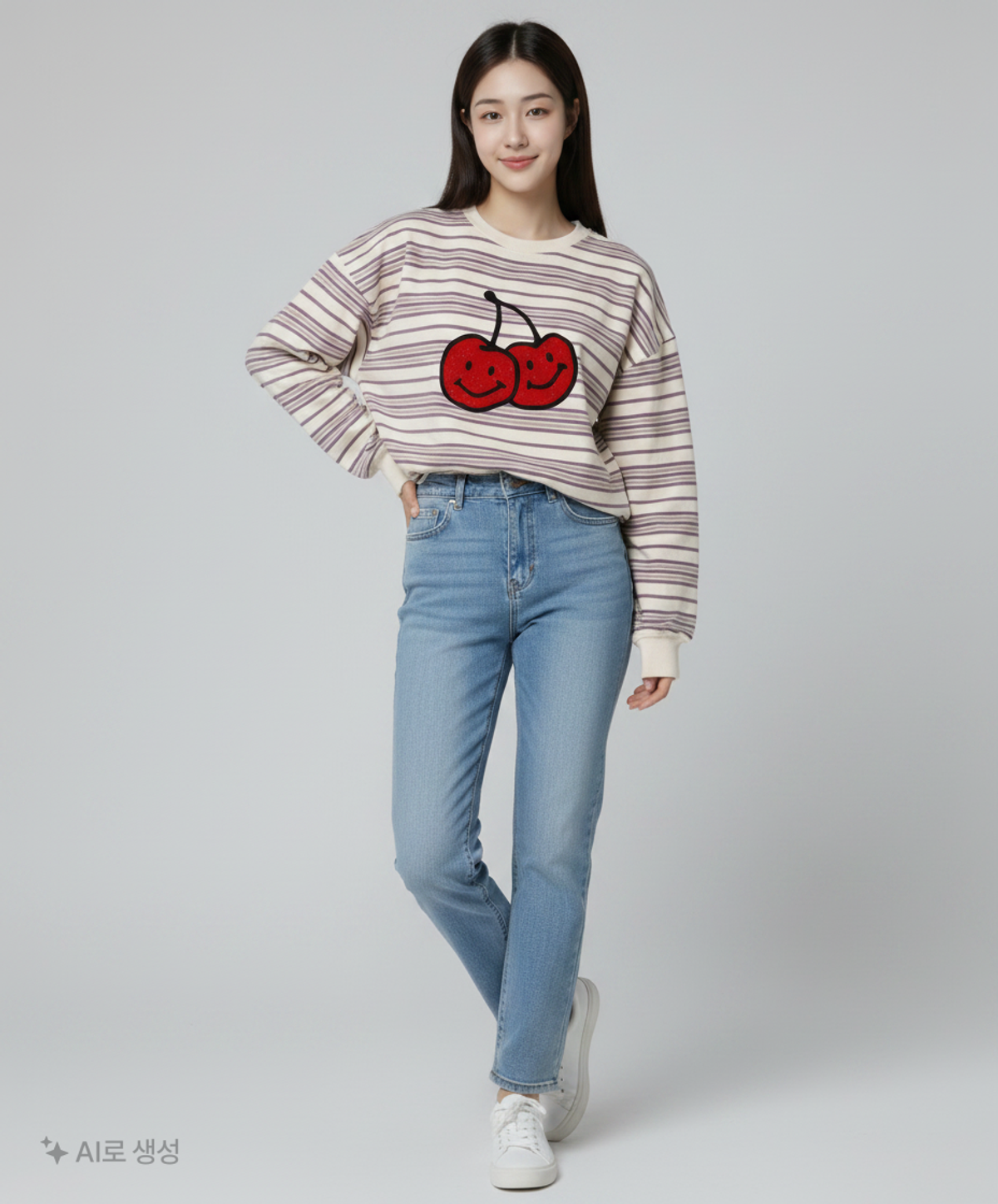 키르시(KIRSH) 두들 체리 스트라이프 스웻셔츠 KA [아이보리] 1