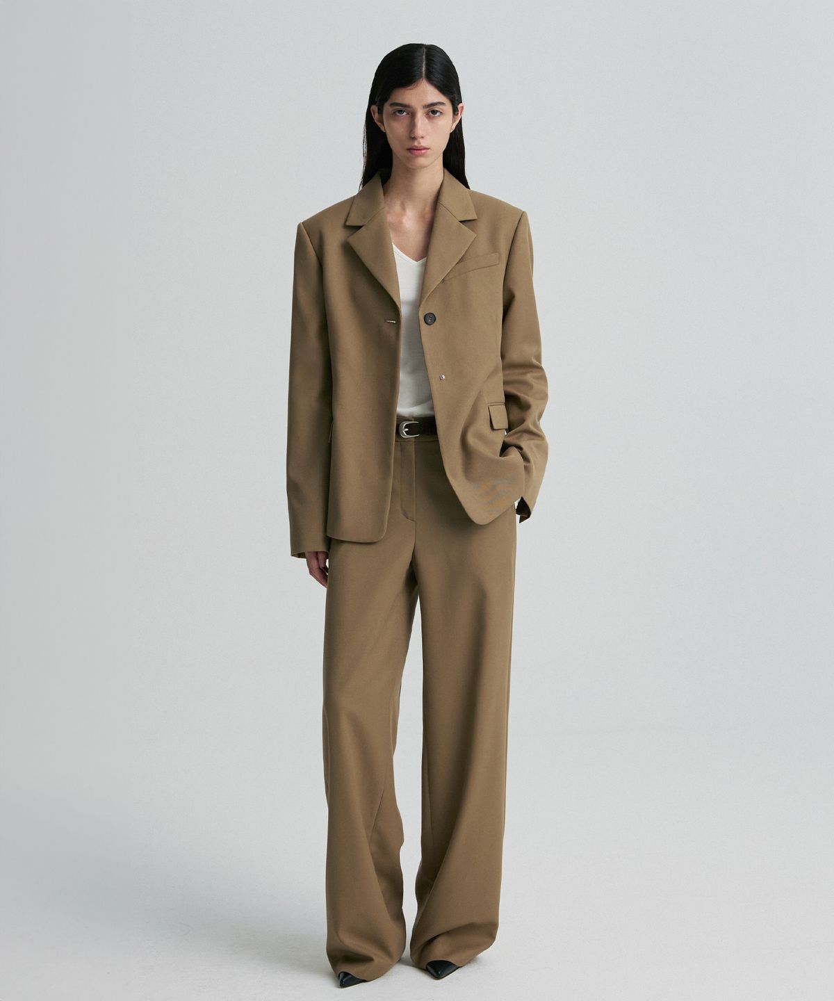 리이(RE RHEE) WOOL BLEND OVERSIZED BLAZER TAUPE