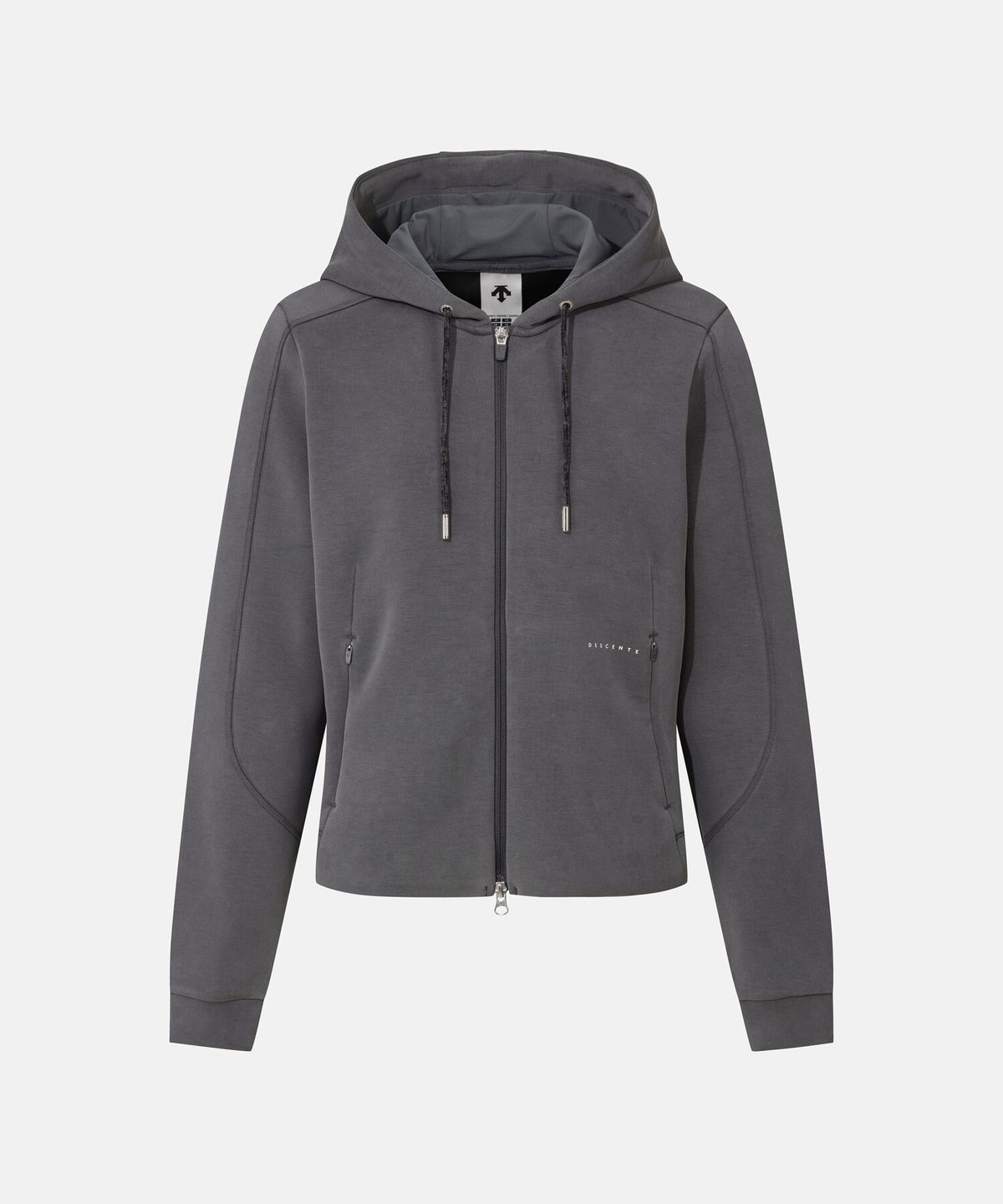 데상트(DESCENTE) 여성 모달 플로우 후드형 트레이닝 자켓 차콜 그레이 SR322PFT81