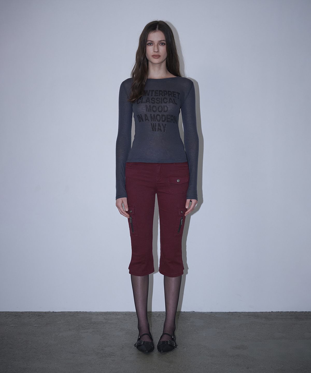 로타입(ROUGHTYPE) Crack Logo Slim Long Sleeve - Charcoal