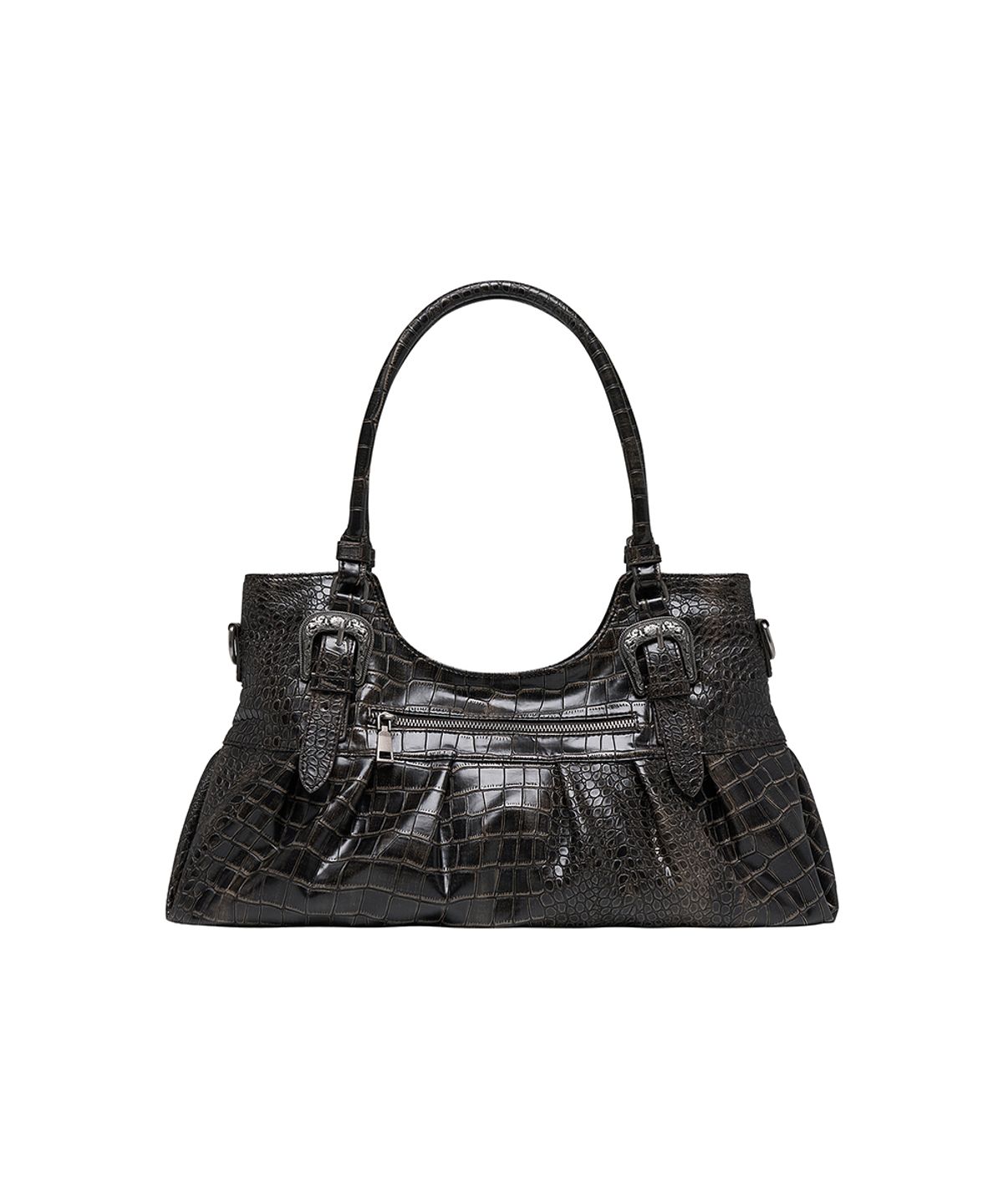 로타입(ROUGHTYPE) Western Croc-embossed Buckle Shoulder Bag - Brown