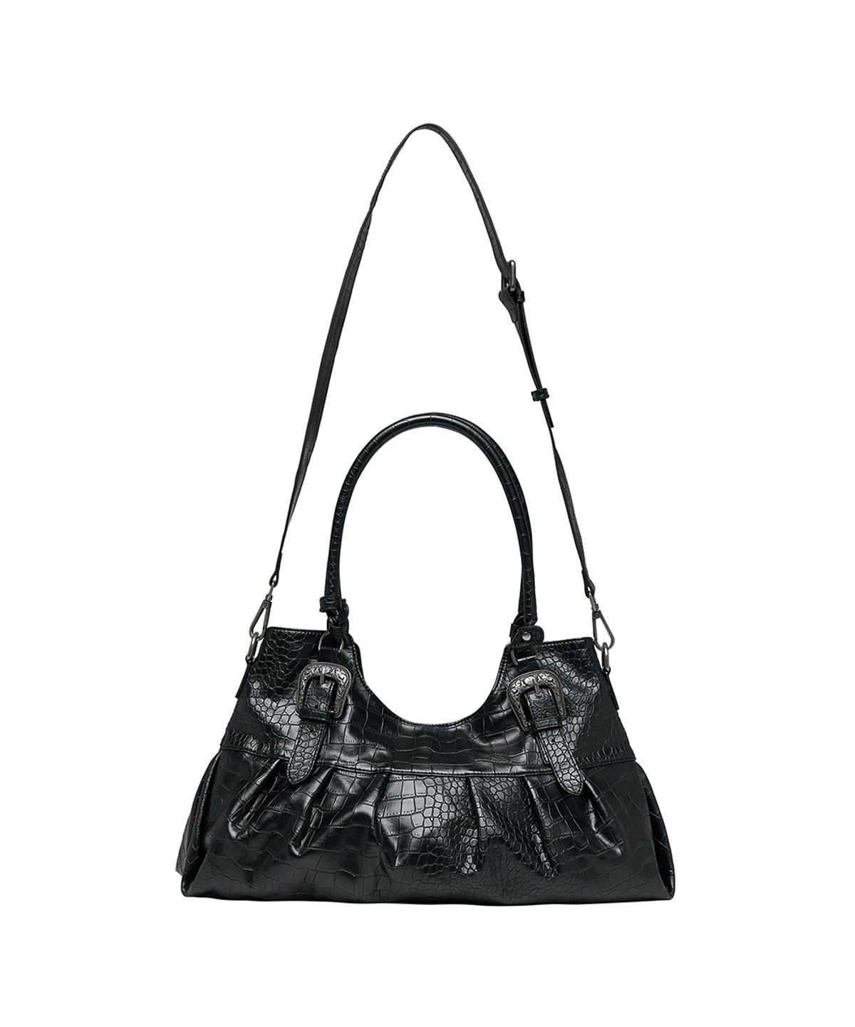 로타입(ROUGHTYPE) Western Croc-embossed Buckle Shoulder Bag - Black