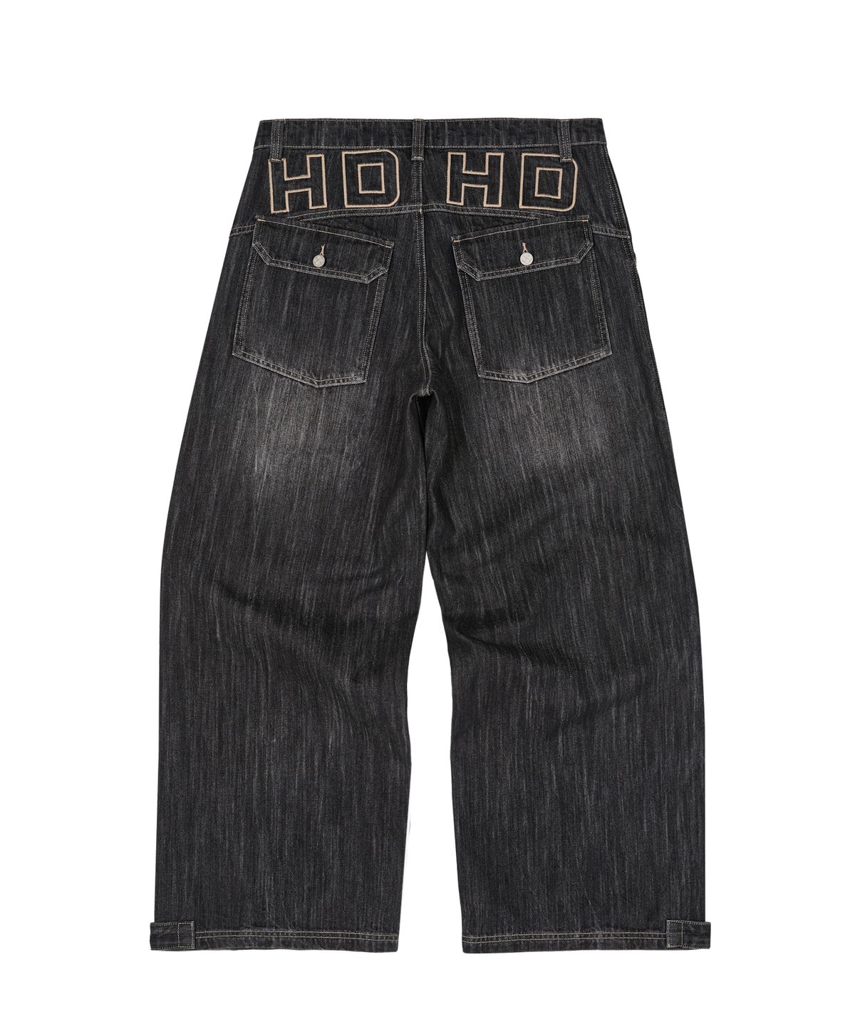 후드후드(HOODHOOD) 백 로고 아플리케 워싱 데님팬츠 블랙