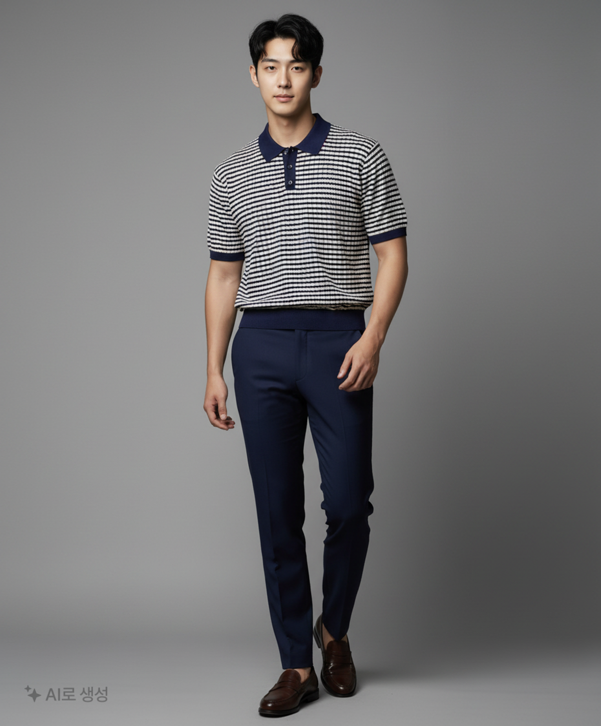 비르반테(BIRBANTE) 썸머 워셔블 스트라이프 카라 니트 - 브라운/데님 XL