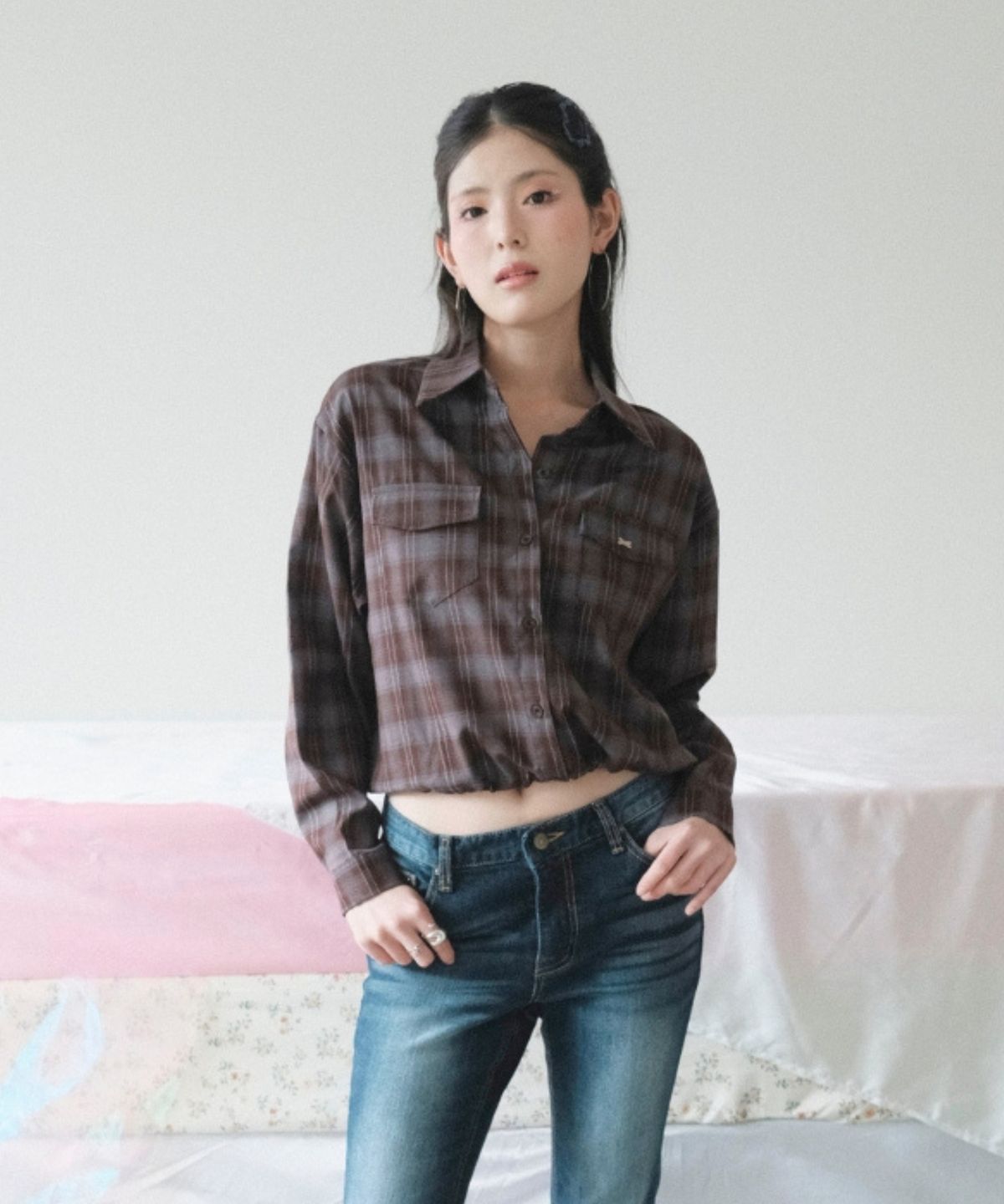 쿨키튼(KOOLKITTEN) 드로스트링 헴 체크 셔츠 3colors