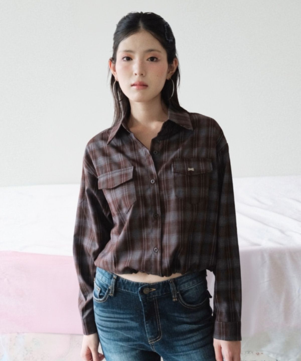 쿨키튼(KOOLKITTEN) 드로스트링 헴 체크 셔츠 3colors