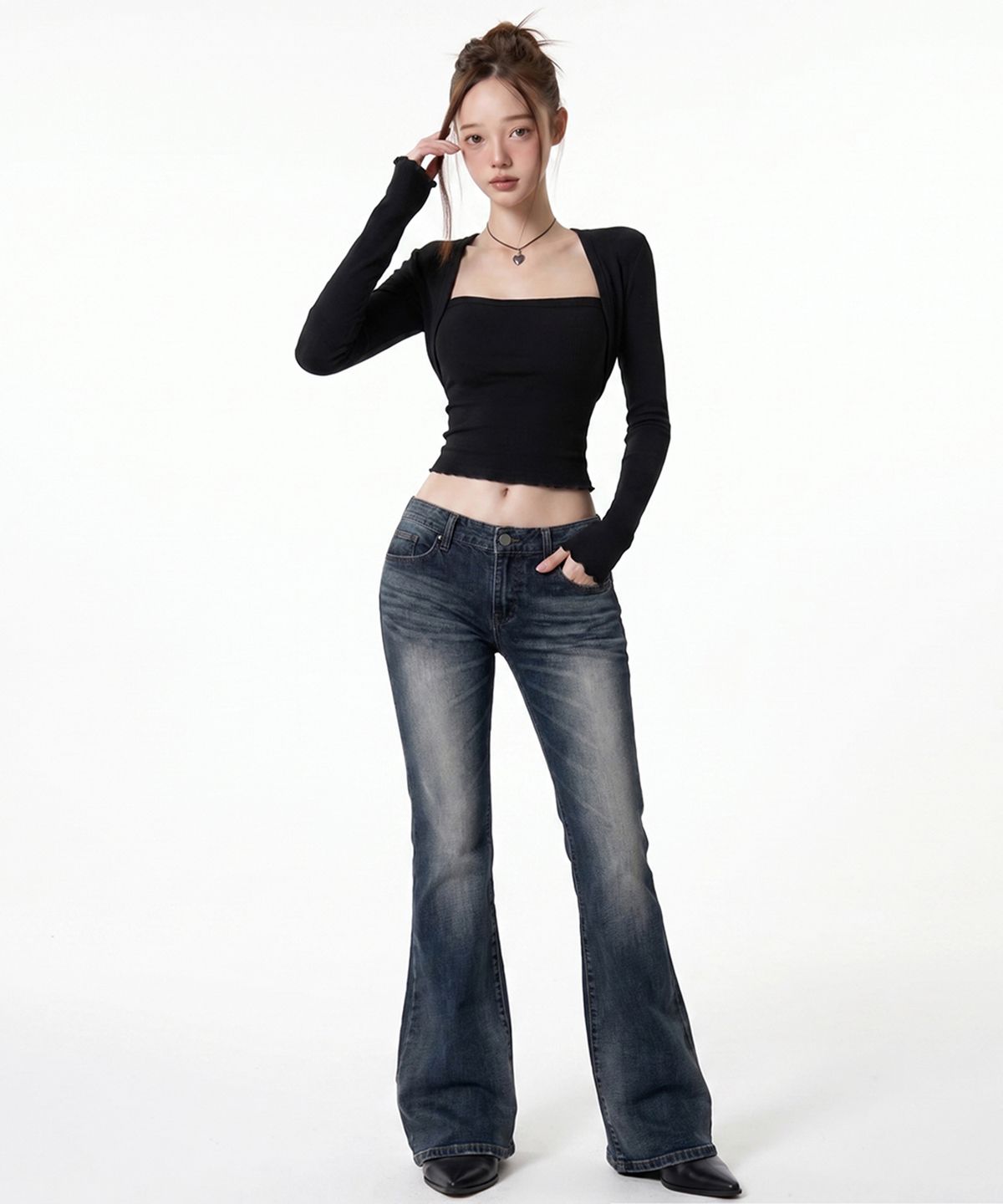 인무드(INMOOD) 젠 슬림핏 볼레로 긴팔 티셔츠 [블랙]