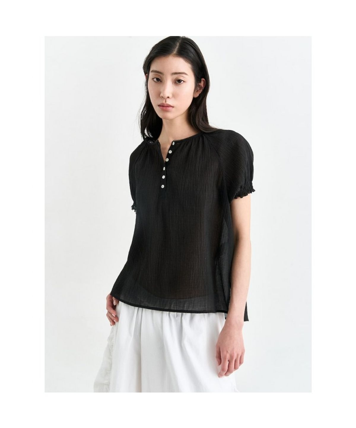 앙개(ANGGAE) Sheer Short Sleeve Blouse  Black