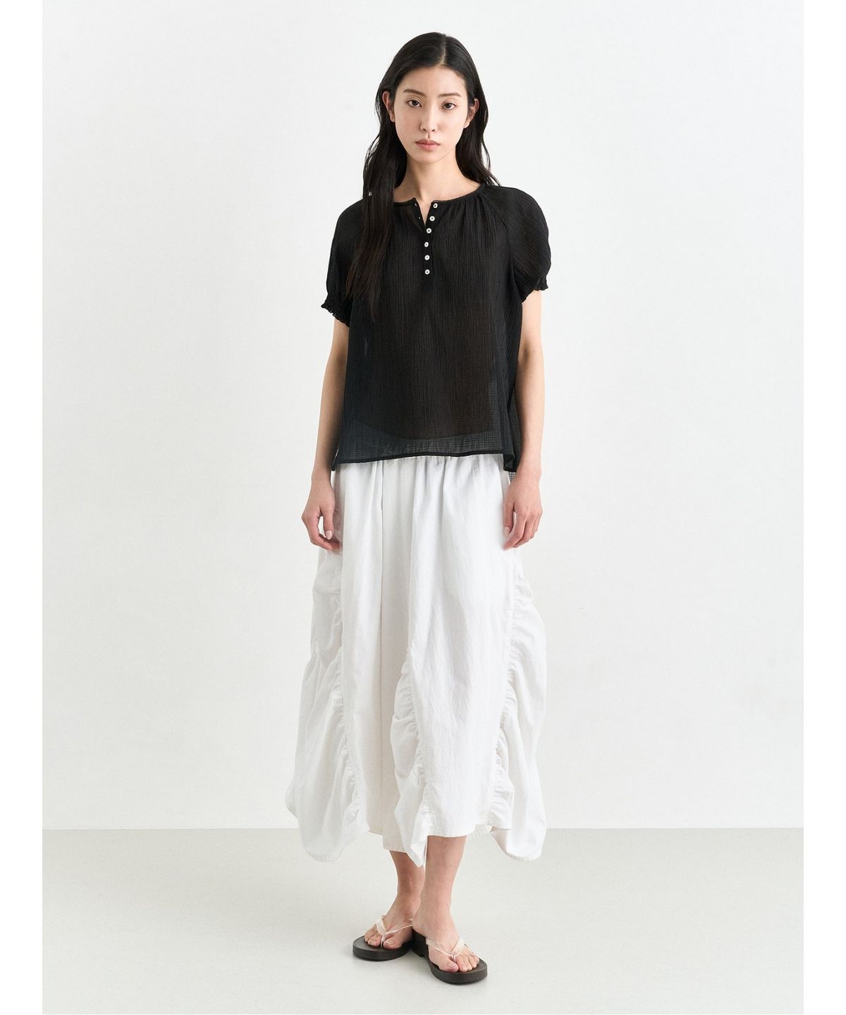 앙개(ANGGAE) Sheer Short Sleeve Blouse  Black