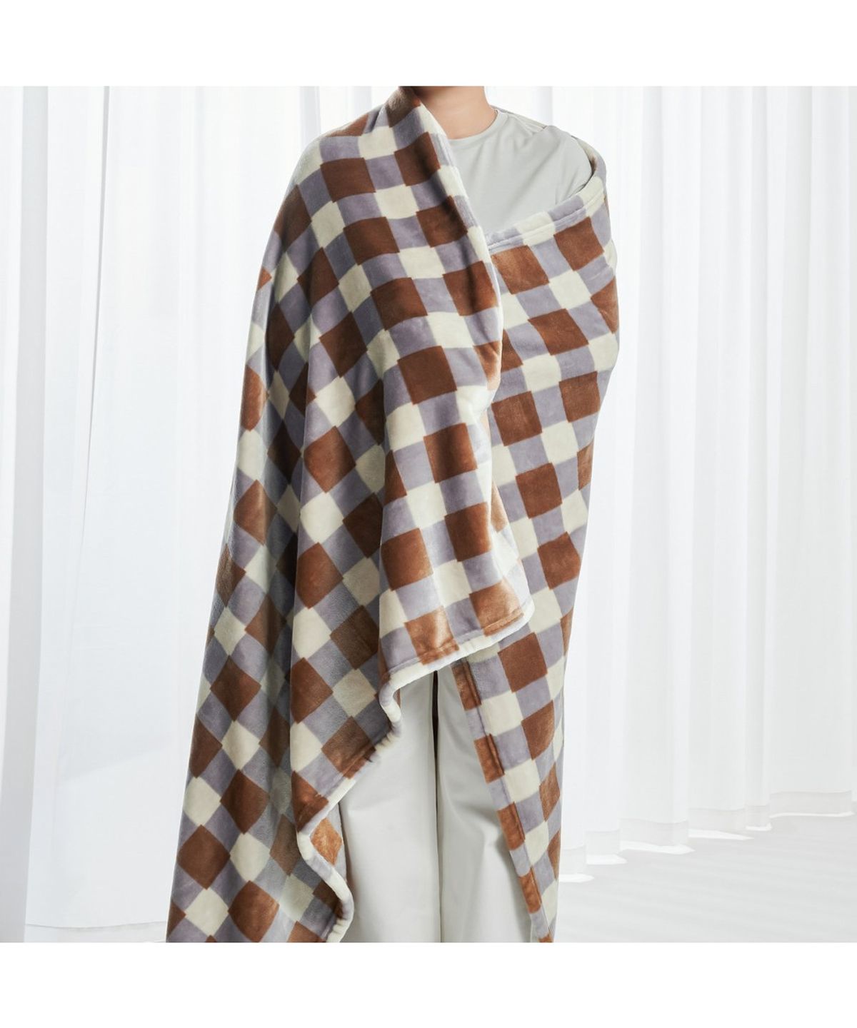 자주(JAJU) 체크 블럭 극세사 블랭킷 140x170cm  라벤더