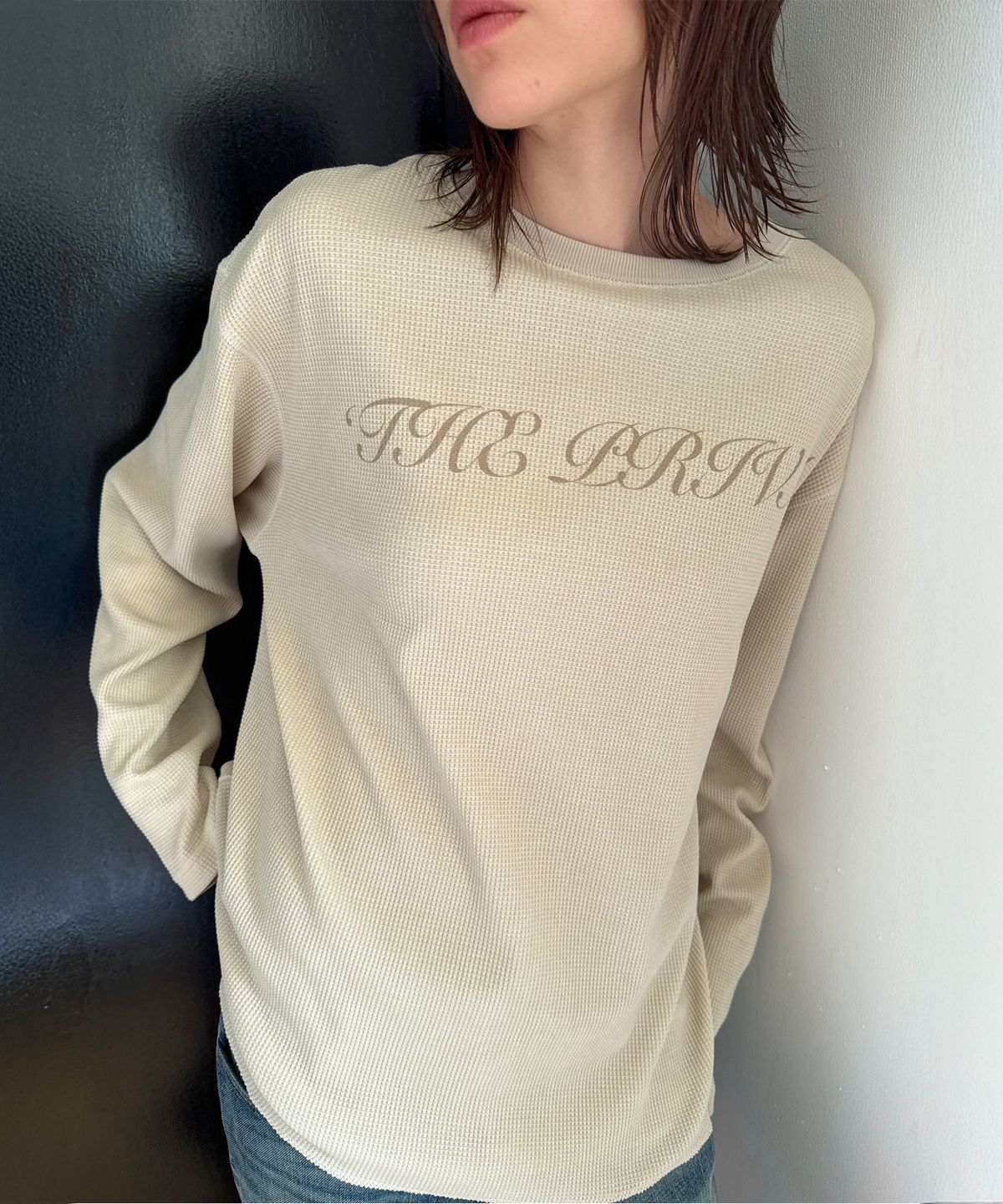 다이애그널(DIAGONAL) SLOGAN WAFFLE LONG SLEEVE TEE (beige)