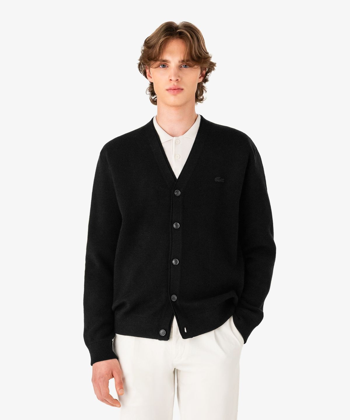 라코스테(LACOSTE) 남성 배색 레이어드 방모 V넥 가디건 AH760E-56N 031