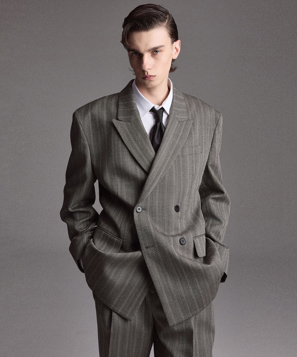 티엔지티(TNGT) [SET] Herringbone Structure Wool Double Jacket & Wide Pants (Grey) 0TJA6F103G2
