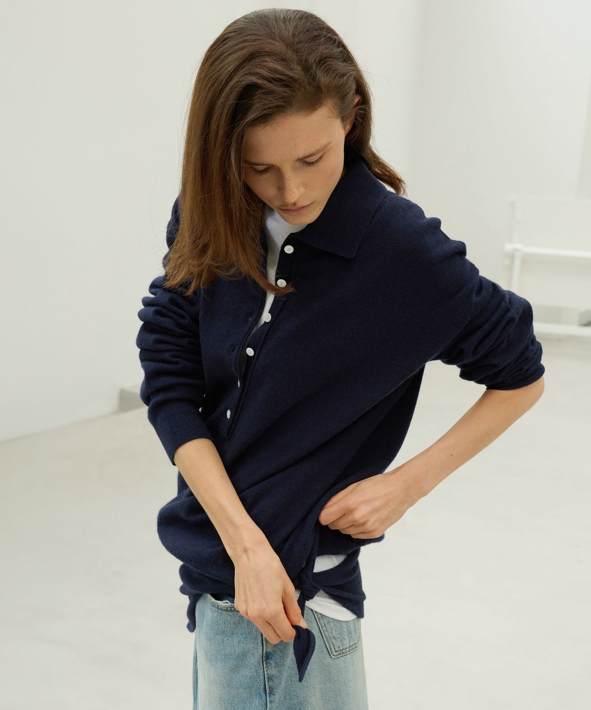 르바(LEVAR) Superfine Wool Henley Knit Set - Midnight Navy