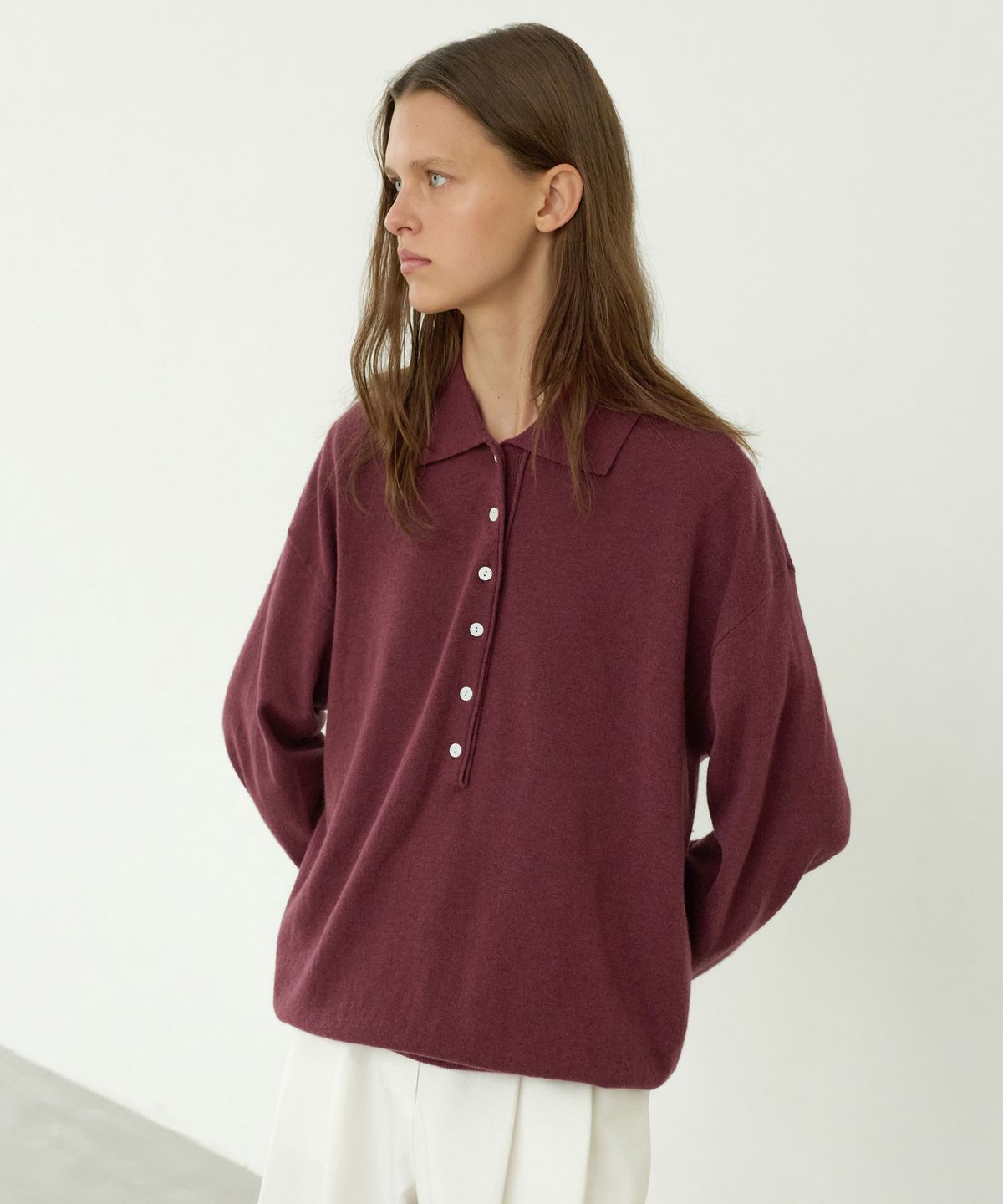 르바(LEVAR) Superfine Wool Henley Knit Set - Berry Plum