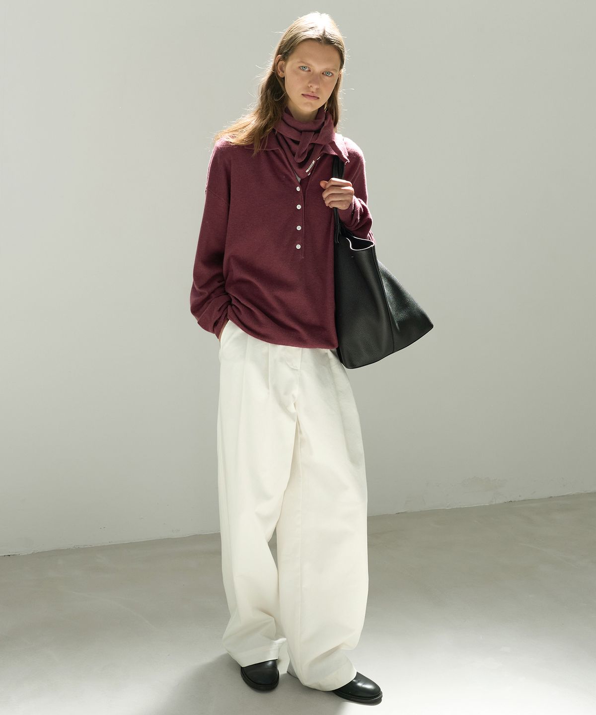 르바(LEVAR) Superfine Wool Henley Knit Set - Berry Plum