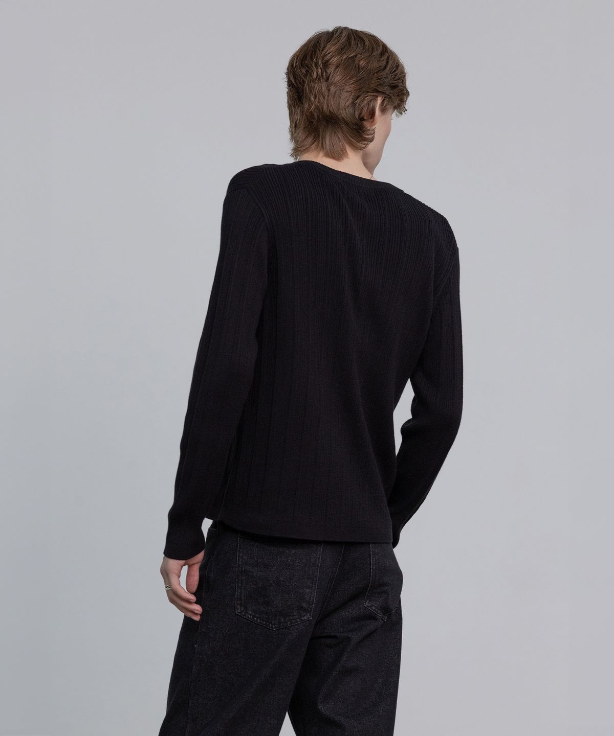데꼬로소(DECOROSO) 믹스 리브드 라운드 가디건 [블랙]