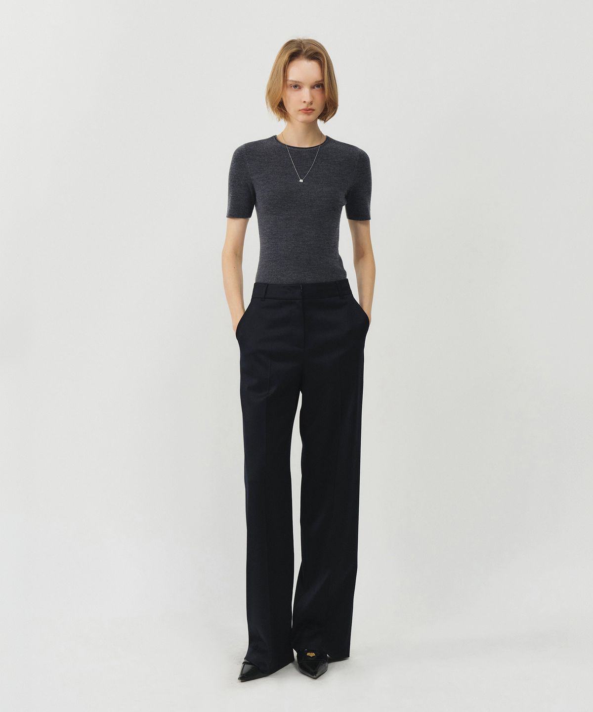 룩캐스트(LOOKAST) 울 블렌드 하프슬리브 니트 탑_차콜 / WOOL BLEND HALF-SLEEVE KNIT TOP_CHARCOAL