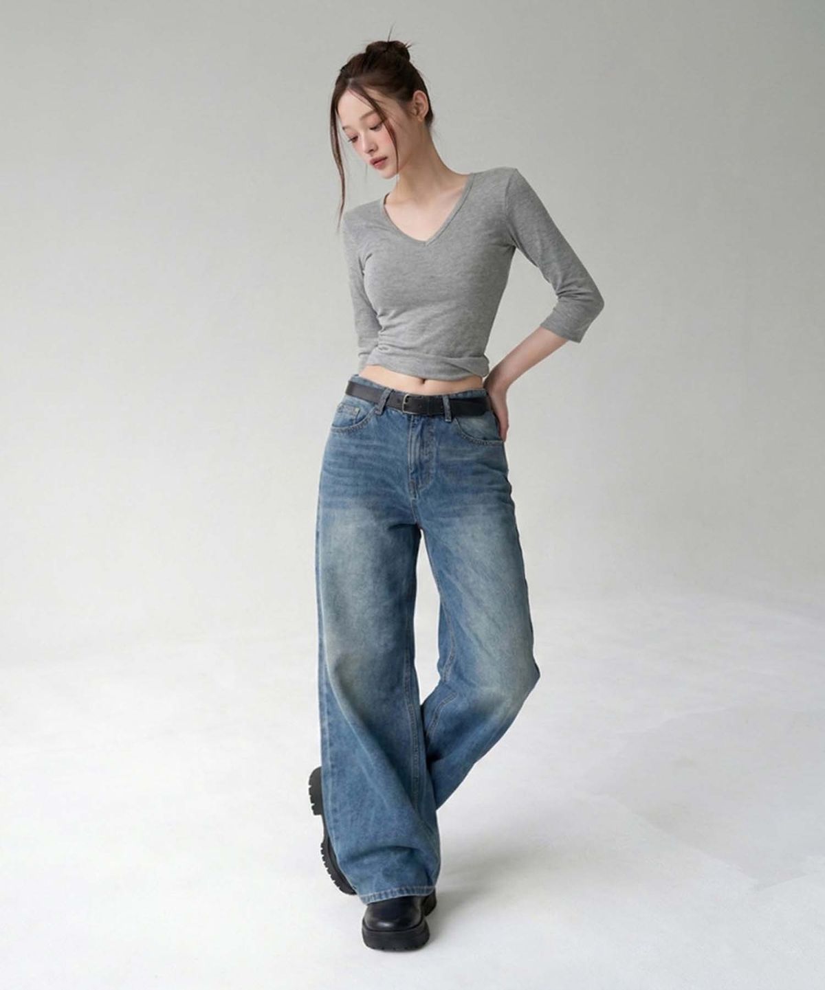 인무드(INMOOD) 아델 앞포켓 와이드 워싱 데님 팬츠