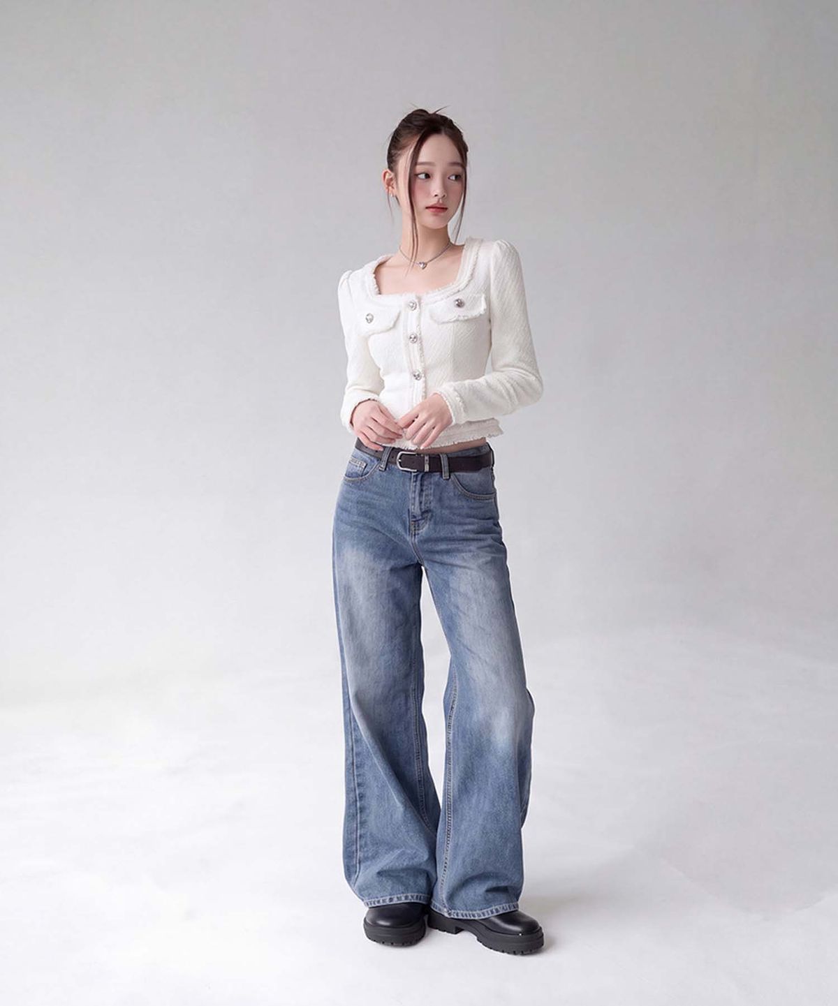 인무드(INMOOD) 아델 앞포켓 와이드 워싱 데님 팬츠