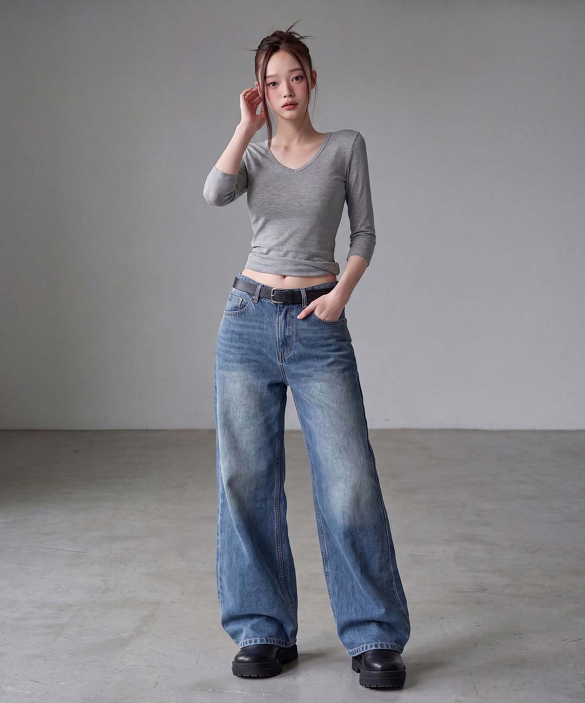 인무드(INMOOD) 아델 앞포켓 와이드 워싱 데님 팬츠