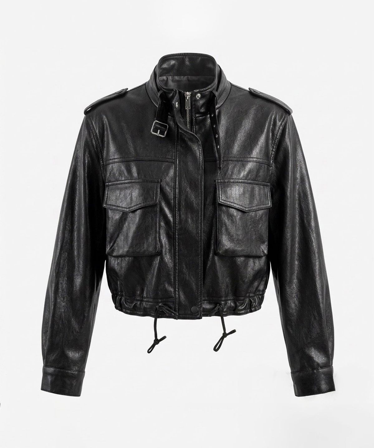 바스카라(VASCARA) Multi-Pocket High-Neck String Crop Leather Jacket (2colors)