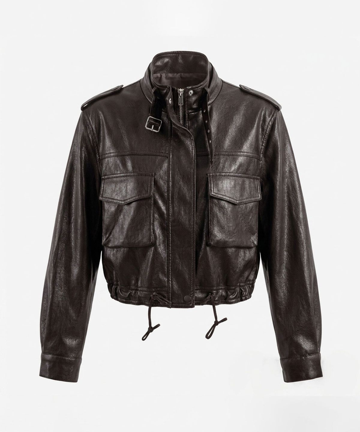 바스카라(VASCARA) Multi-Pocket High-Neck String Crop Leather Jacket (2colors)