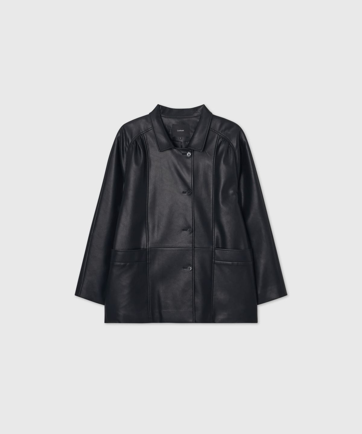 룩캐스트(LOOKAST) 비건 레더 셔링 자켓_블랙 / VEGAN LEATHER SHIRRING JACKET_BLACK