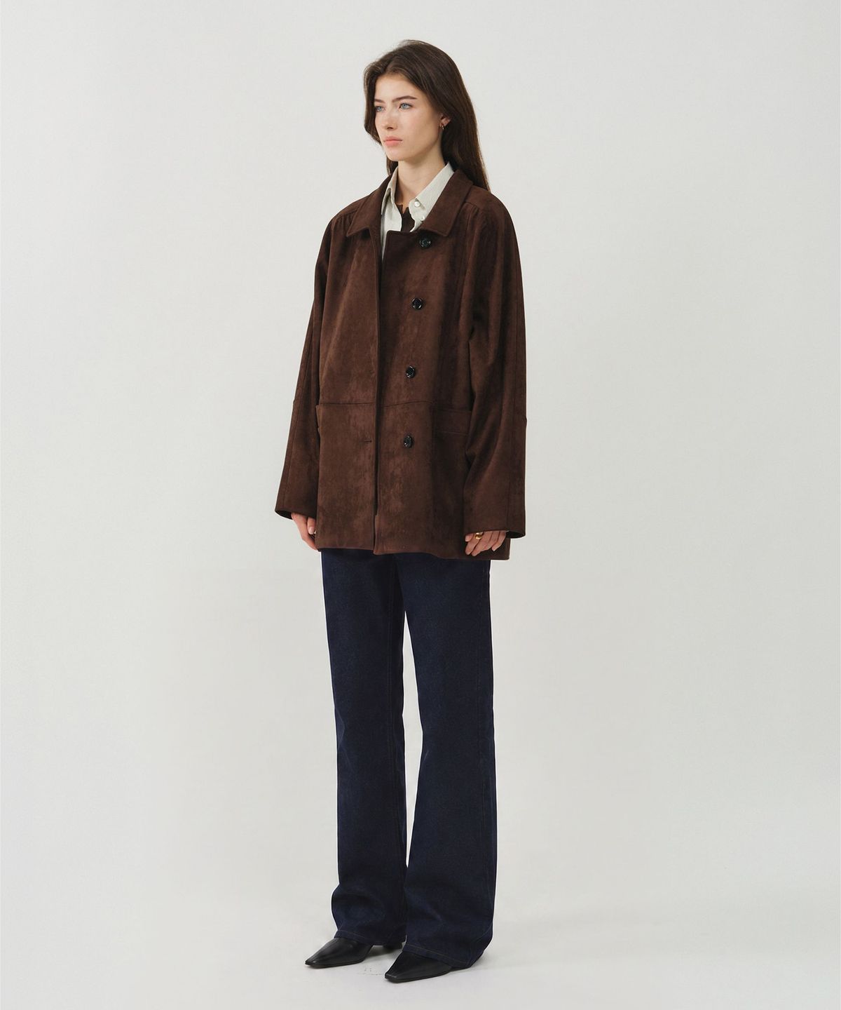 룩캐스트(LOOKAST) 비건 레더 셔링 자켓_브라운 / VEGAN LEATHER SHIRRING JACKET_BROWN