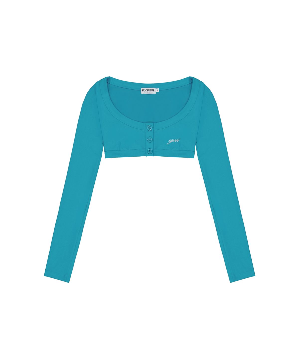 이와이이알(EYEER) Deep U-Neck Button Crop Cardigan - Teal blue