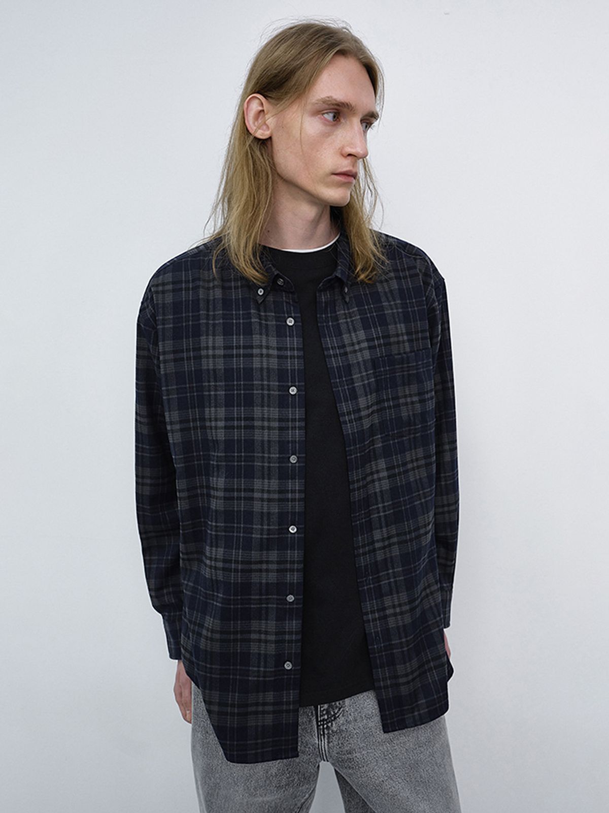 던스트 포 맨(DUNST FOR MEN) UNISEX CHECKED FLANNEL BD SHIRT_UDSH6C103_DARK NAVY
