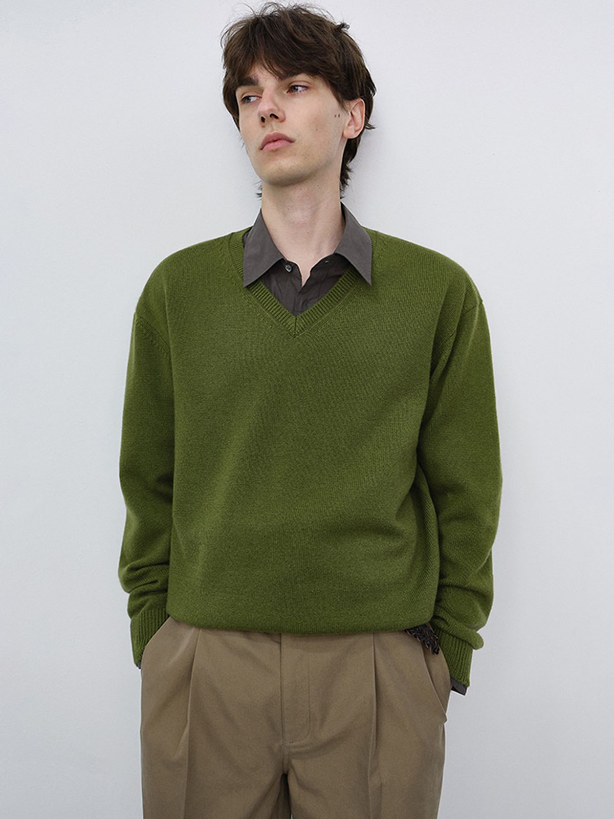 던스트 포 맨(DUNST FOR MEN) UNISEX CASHMERE V-NECK SWEATER_UDSW6C111_OLIVE GREEN