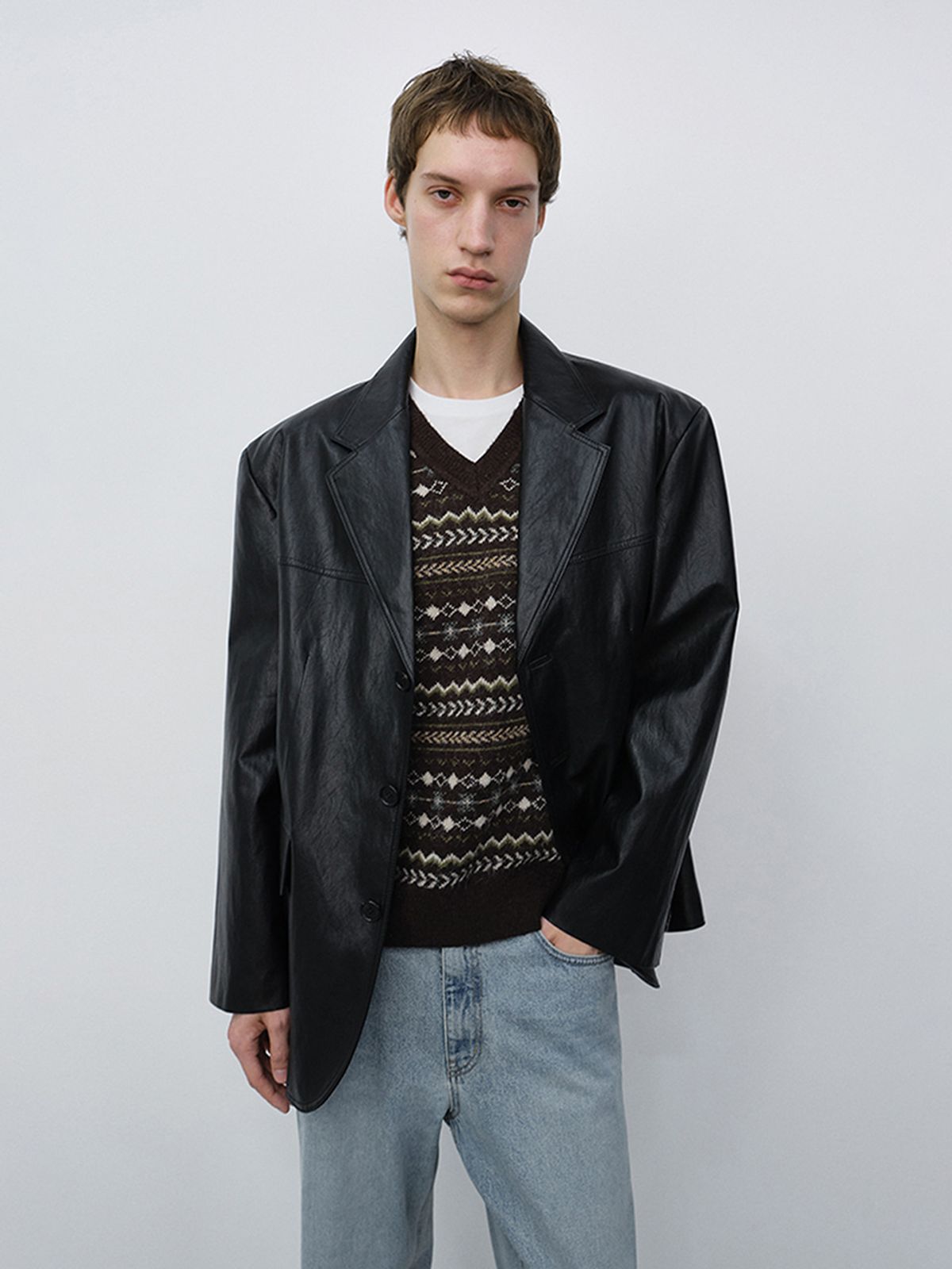 던스트 포 맨(DUNST FOR MEN) RELAXED LEATHER HALF JACKET_UNISEX_UDJA6C103_BLACK