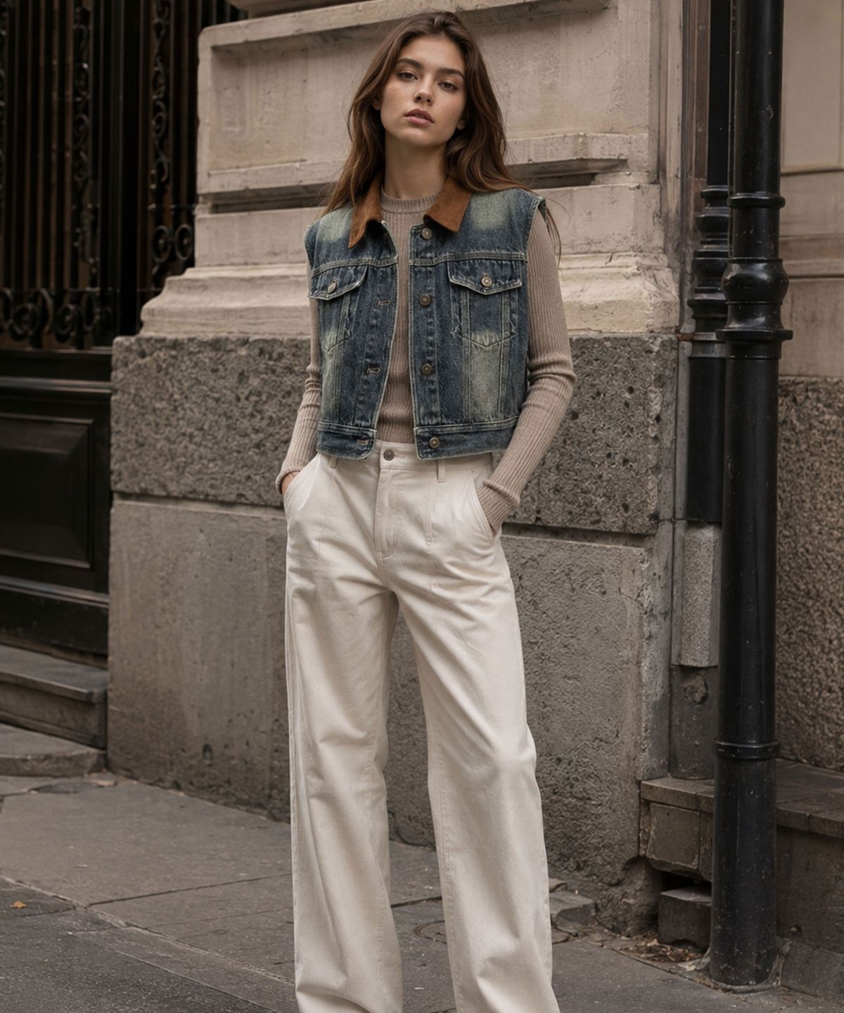 바스카라(VASCARA) Vintage Washed Color-Blocked Collar Cropped Denim Vest
