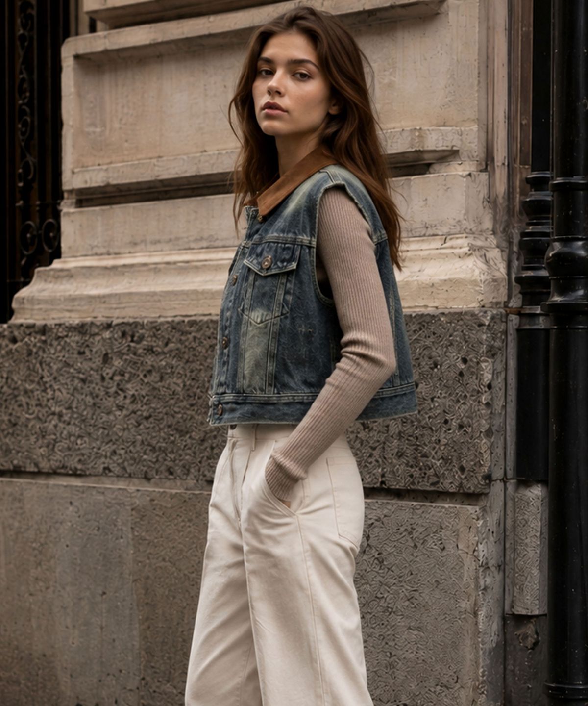바스카라(VASCARA) Vintage Washed Color-Blocked Collar Cropped Denim Vest