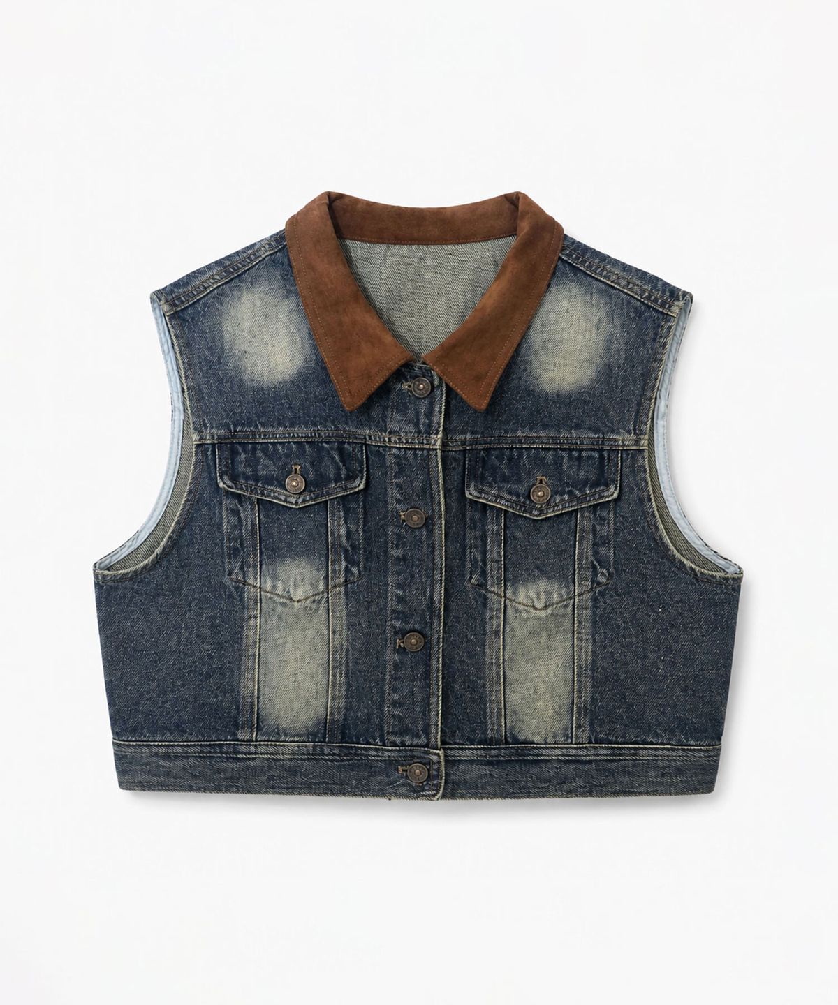 바스카라(VASCARA) Vintage Washed Color-Blocked Collar Cropped Denim Vest