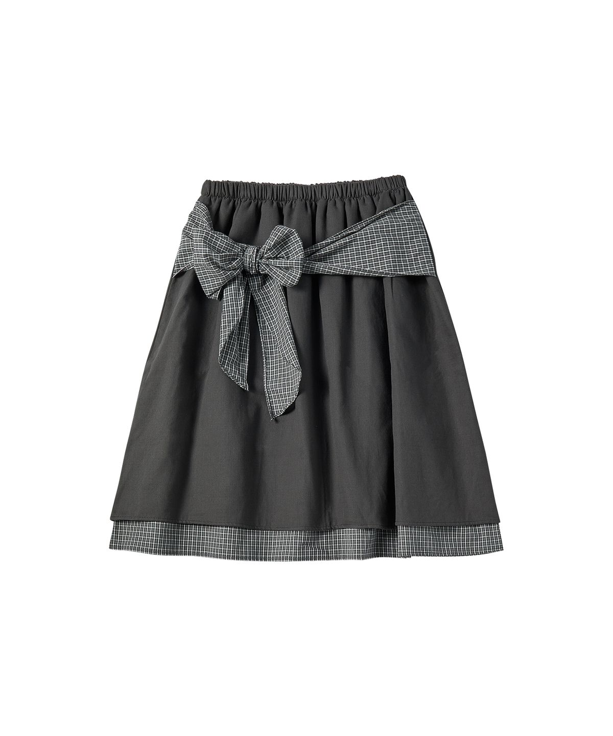 꼬모니노즈(COMONINOZ) W CHECK RIBBON SKIRT [DEEP GRAY]