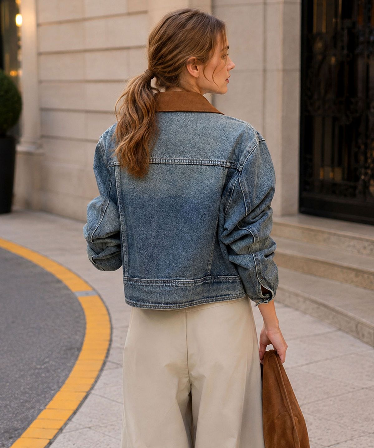 바스카라(VASCARA) Vintage Washed Color-Blocked Collar Cropped Denim Jacket