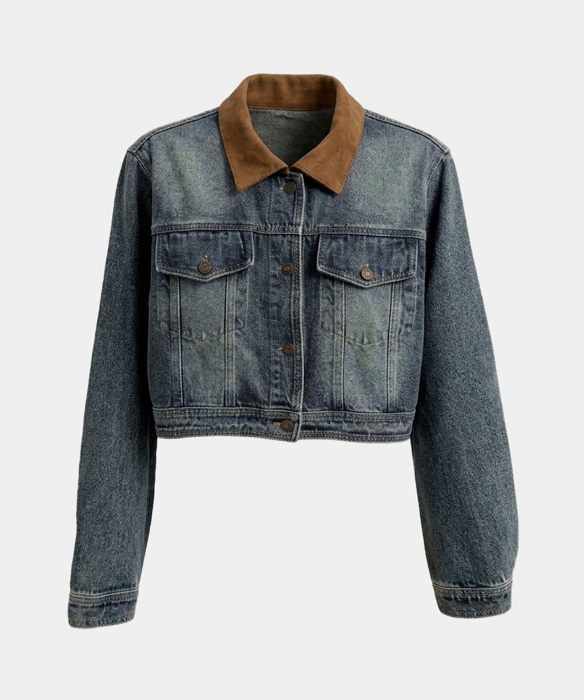 바스카라(VASCARA) Vintage Washed Color-Blocked Collar Cropped Denim Jacket