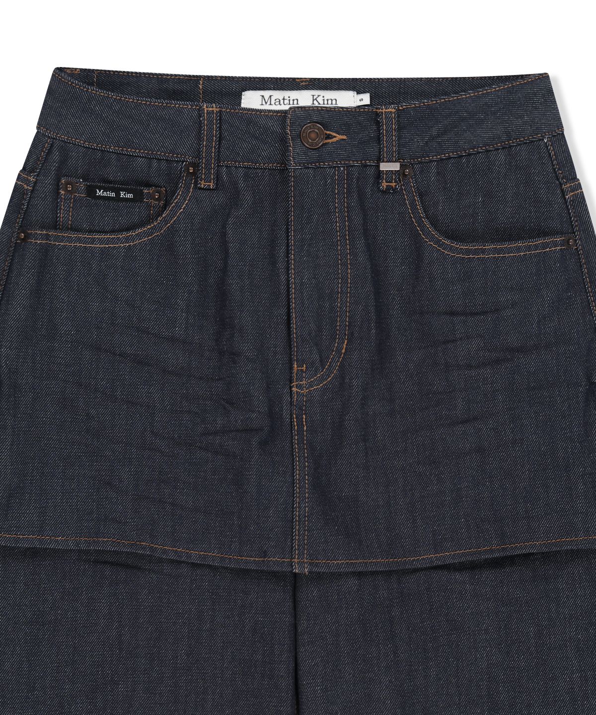 마뗑킴(MATIN KIM) SKIRT OVERLAY DENIM PANTS IN DARK NAVY