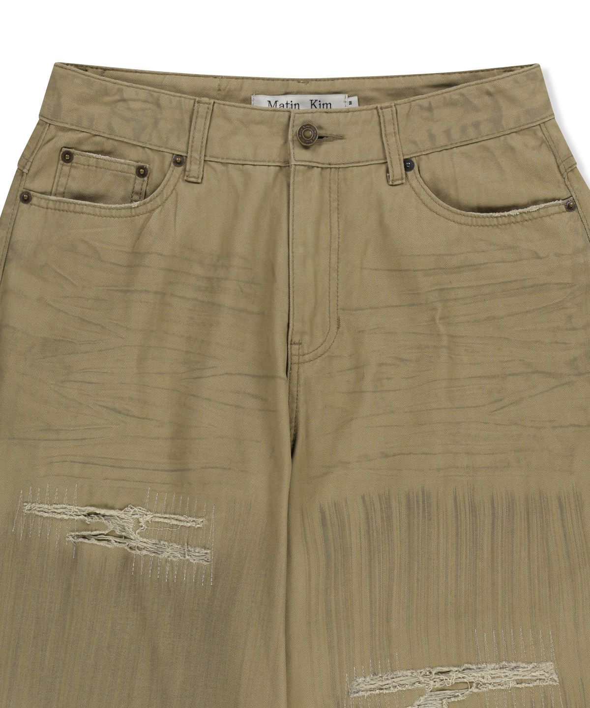 마뗑킴(MATIN KIM) DISTRESSED HERRINGBONE WIDE PANTS IN BEIGE