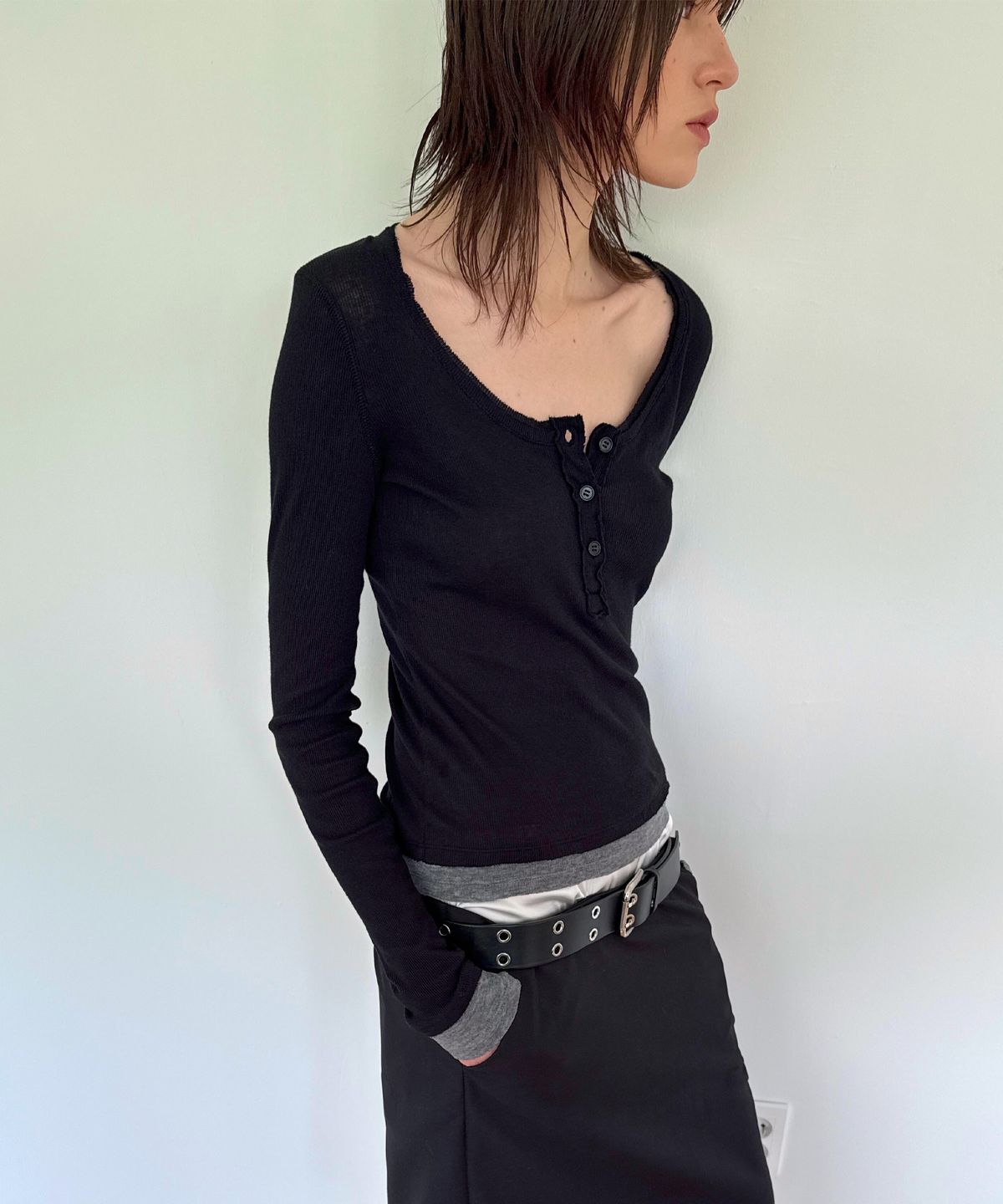 다이애그널(DIAGONAL) LAYERED HENLEY TEE (black)