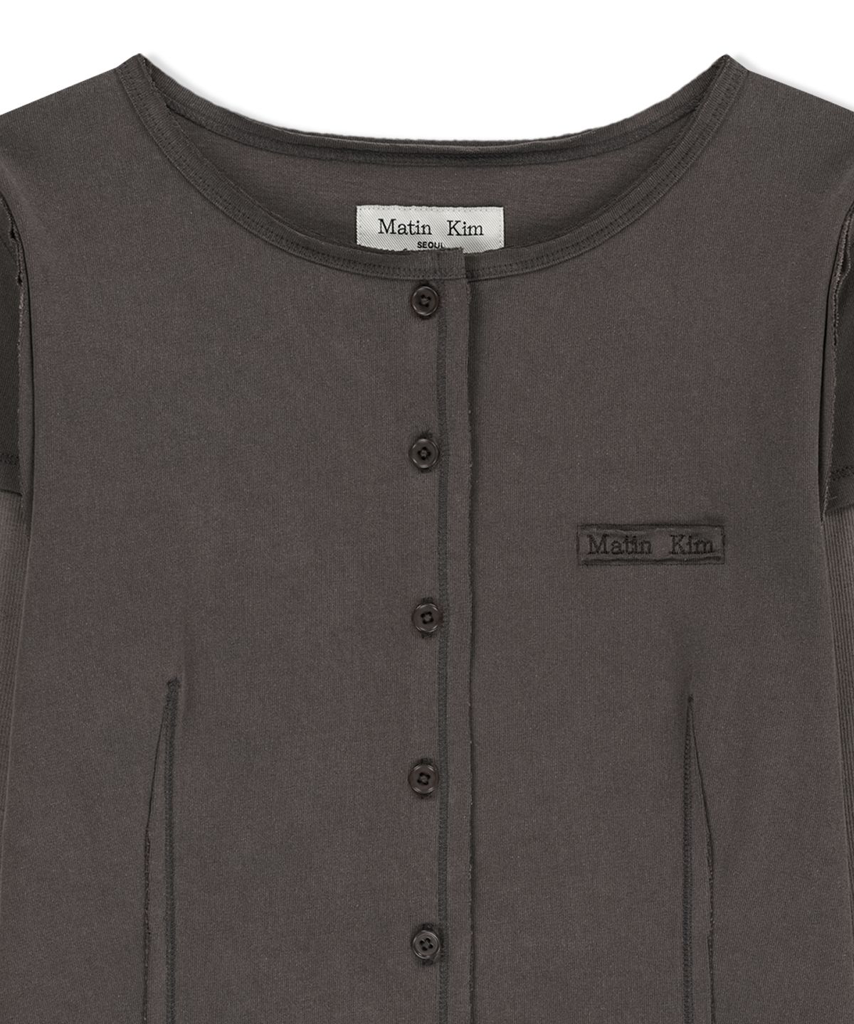 마뗑킴(MATIN KIM) FADED COLOR BLOCK LAYERED BUTTON TOP IN COCOA