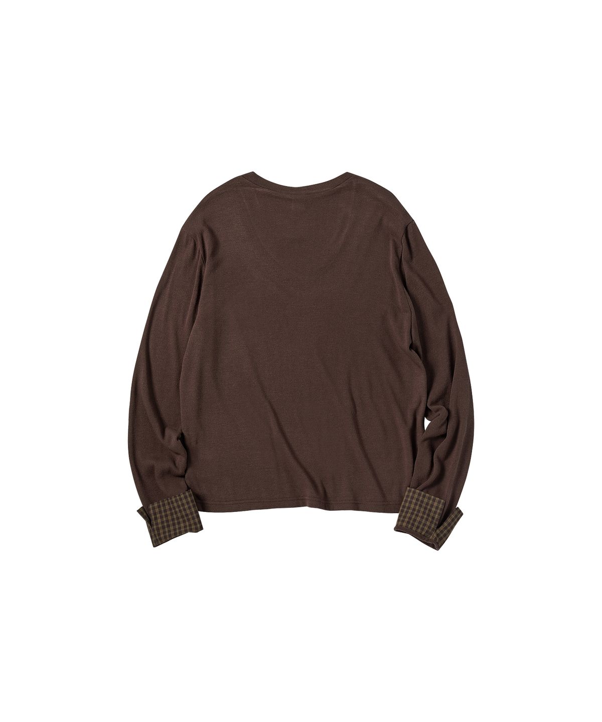 꼬모니노즈(COMONINOZ) W CHECK SLEEVE KNIT T-SHIRT [BROWN]