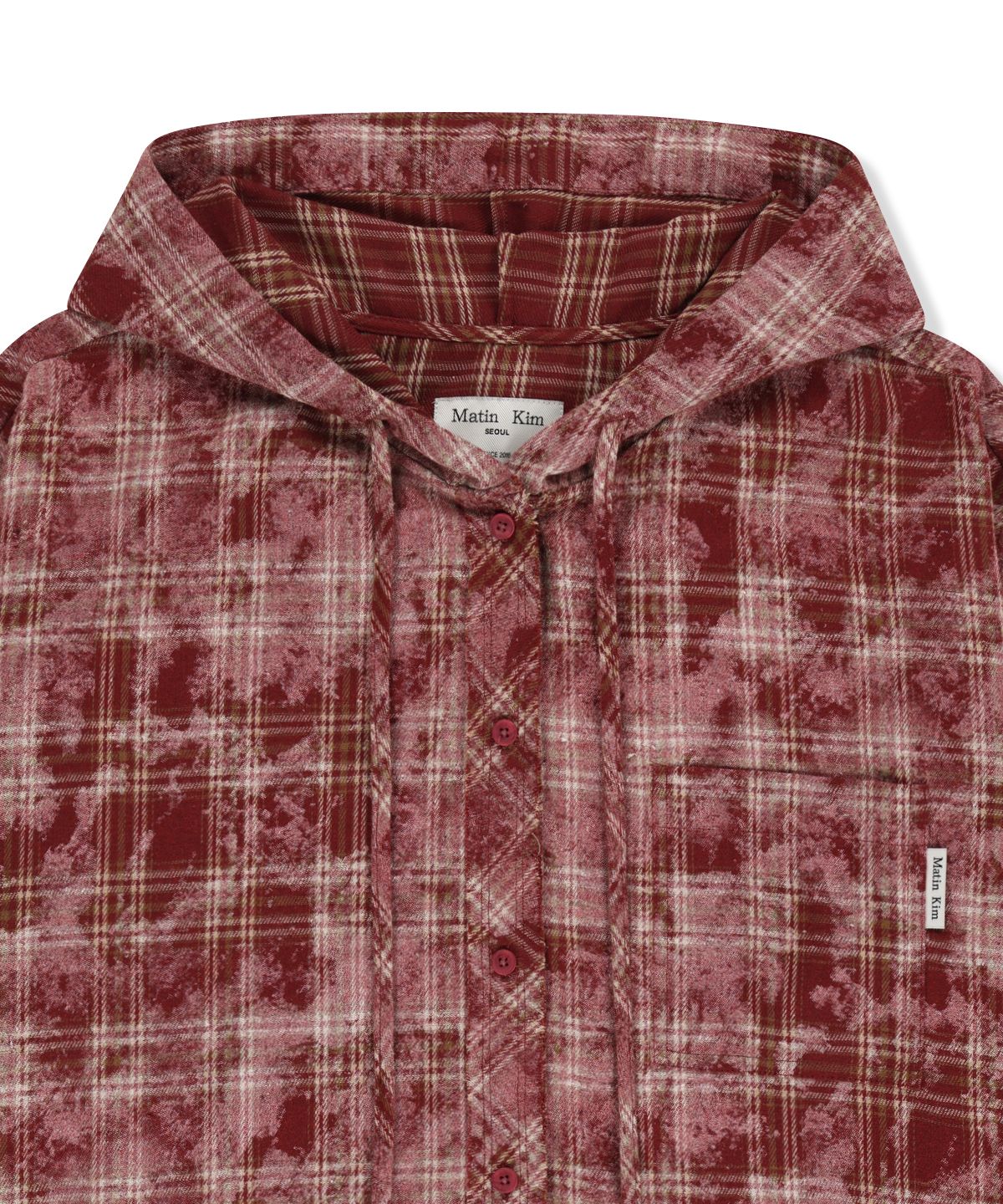 마뗑킴(MATIN KIM) RAW CUT CHECK HOODED SHIRT IN RED