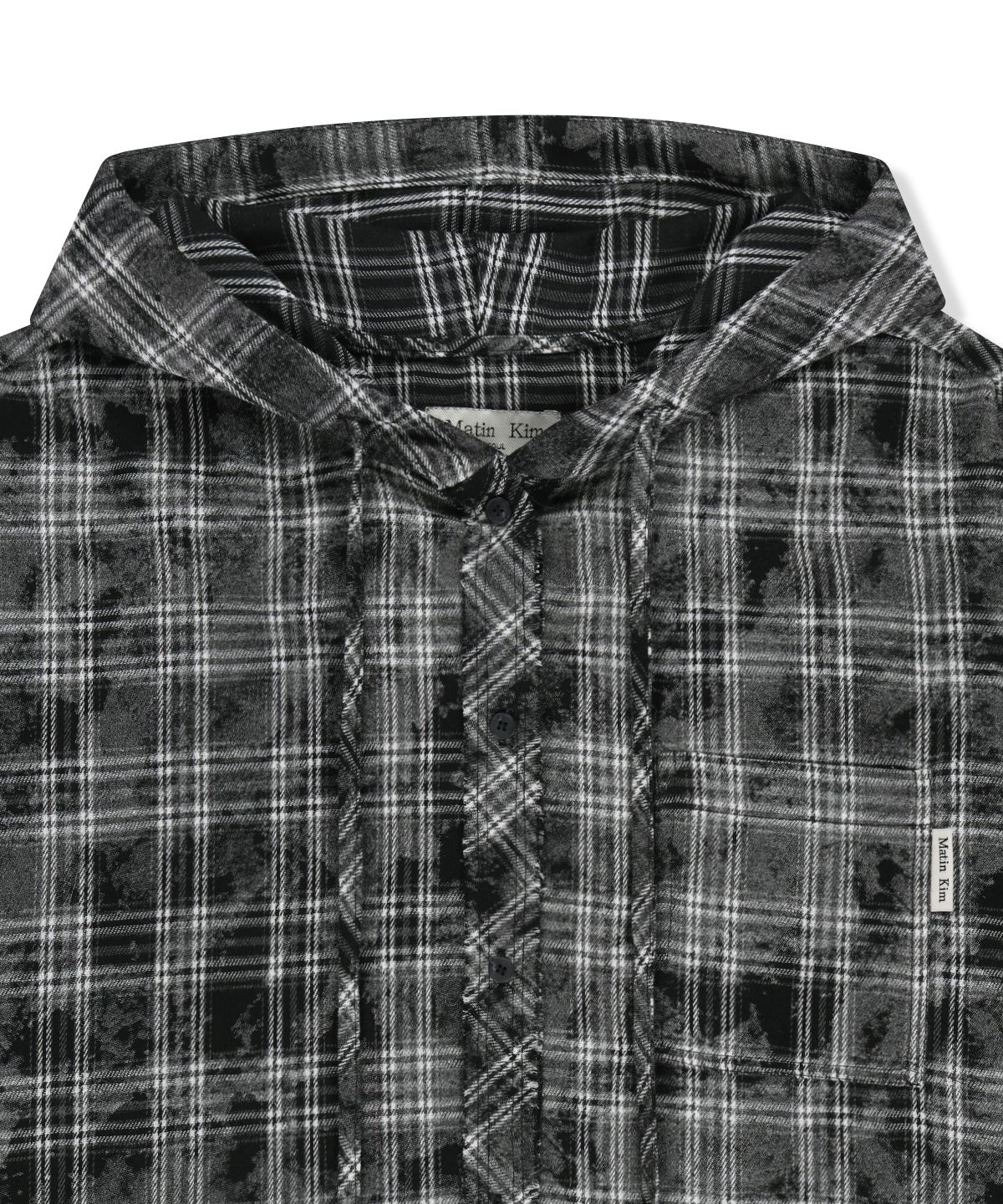 마뗑킴(MATIN KIM) RAW CUT CHECK HOODED SHIRT IN BLACK