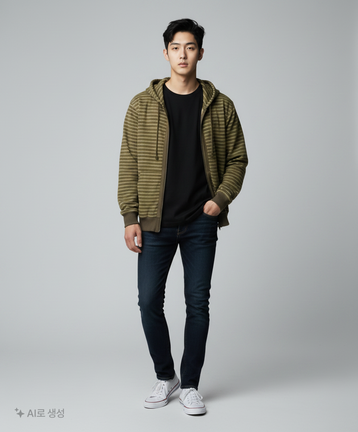 예스아이씨(YESEYESEE) Y.E.S Stripe Single Zip-up Hoodie Khaki L