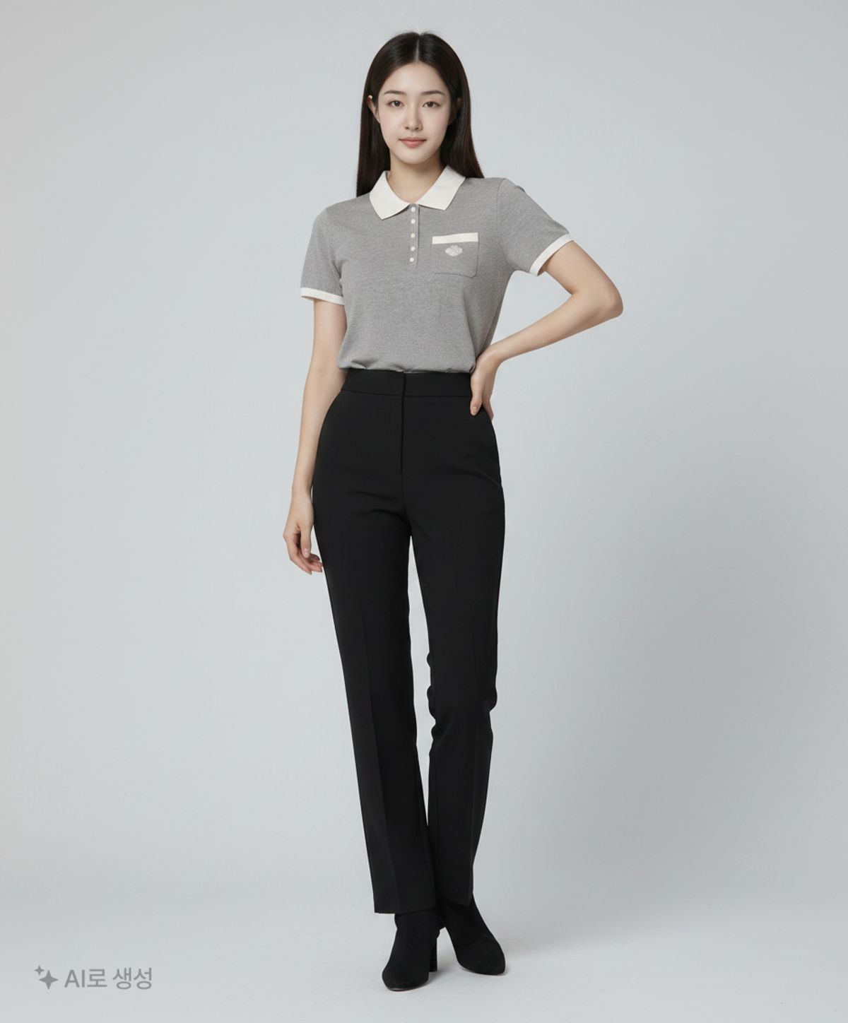 마리끌레르(MARIE CLAIRE) 마리 자수 포켓 배색 카라티(MAEBTS05MGY) 38