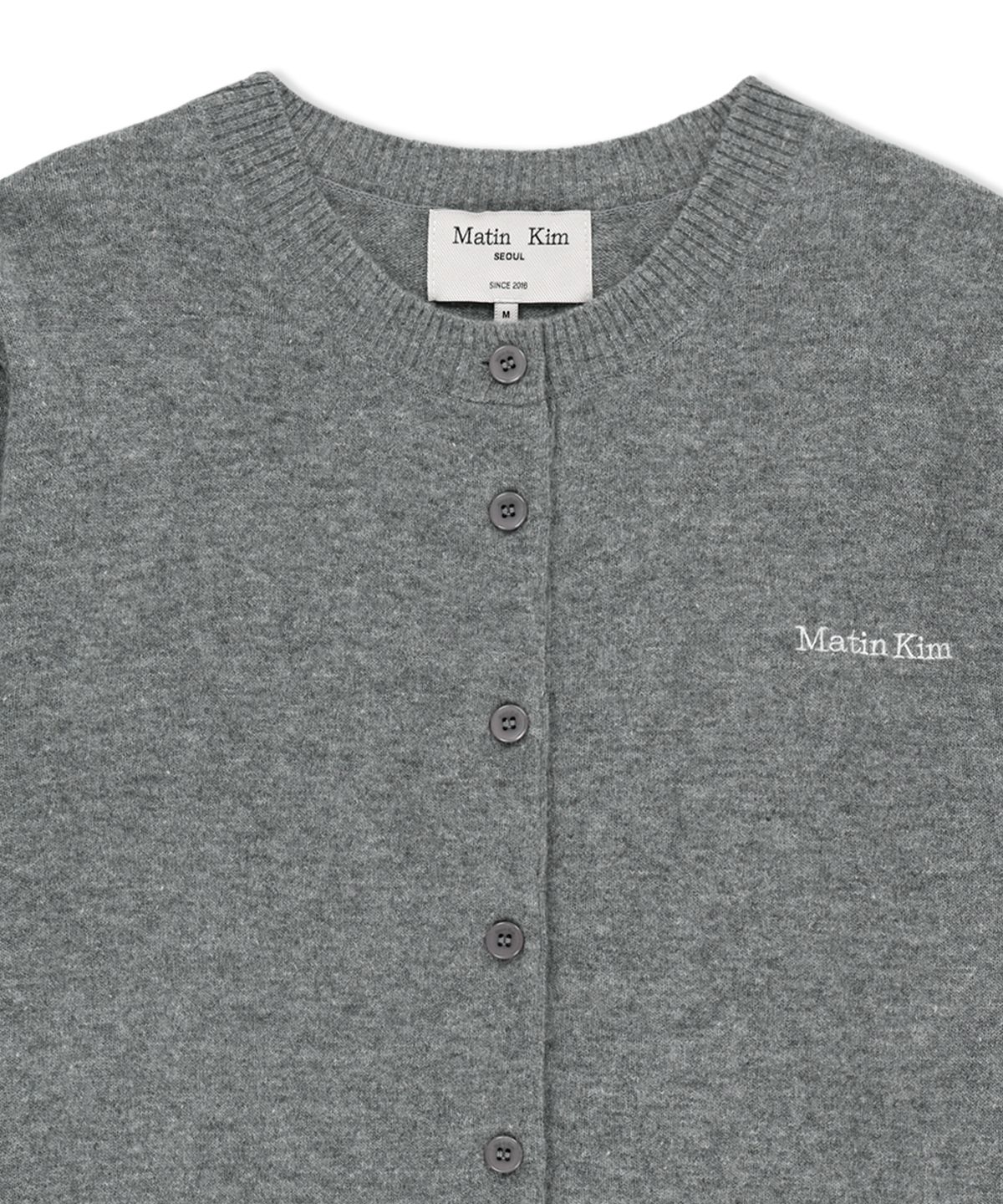 마뗑킴(MATIN KIM) CASHMERE BLENDED CUTLINE ROUND CARDIGAN IN GREY