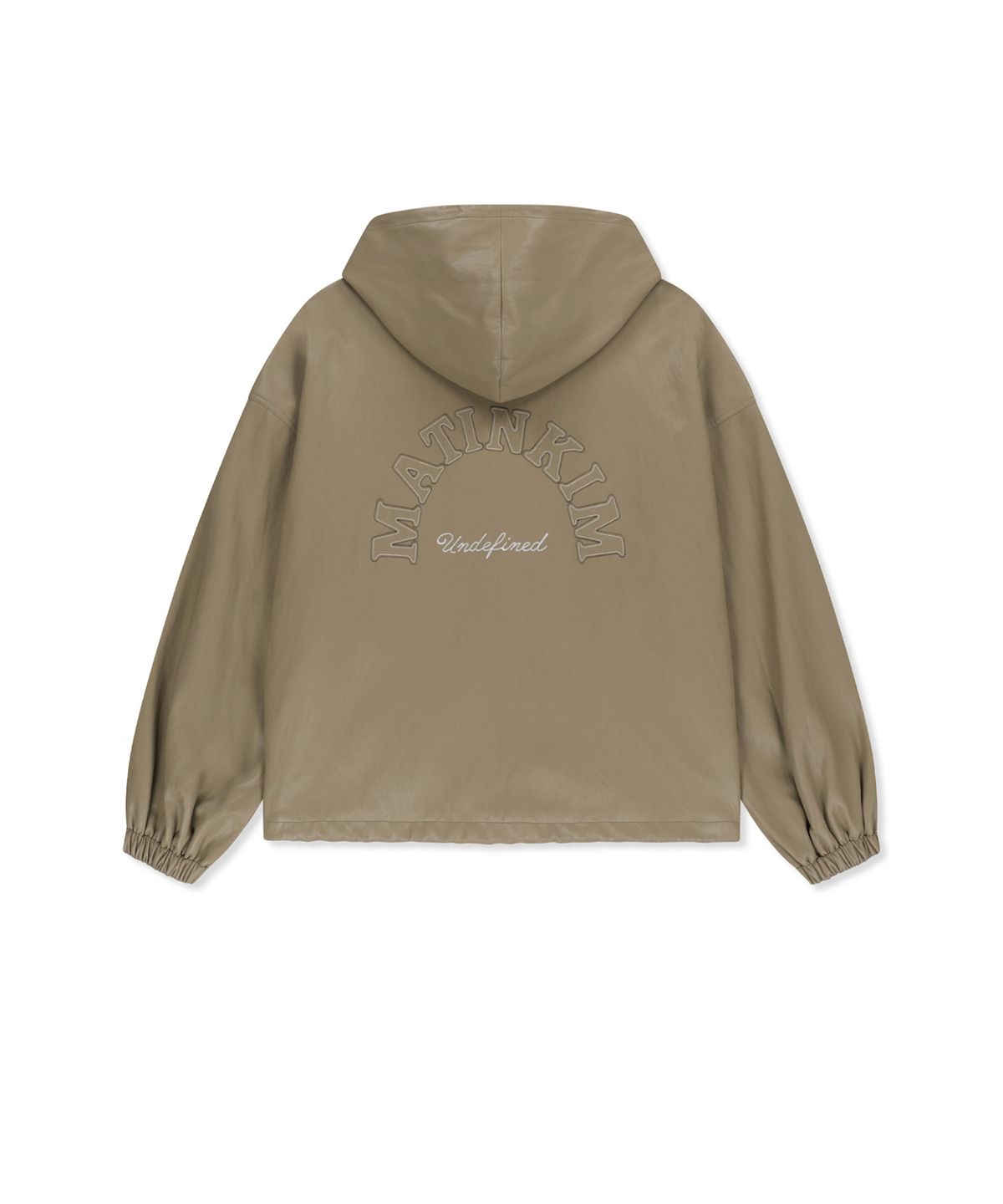 마뗑킴(MATIN KIM) FAUX LEATHER APPLIQUE LOGO HOODY JUMPER IN BEIGE